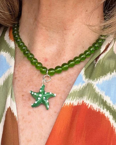 HANDMADE GLAZED STARFISH PENDANT NECKLACE - GREEN GLASS BEADS - STUDIO JO STORE